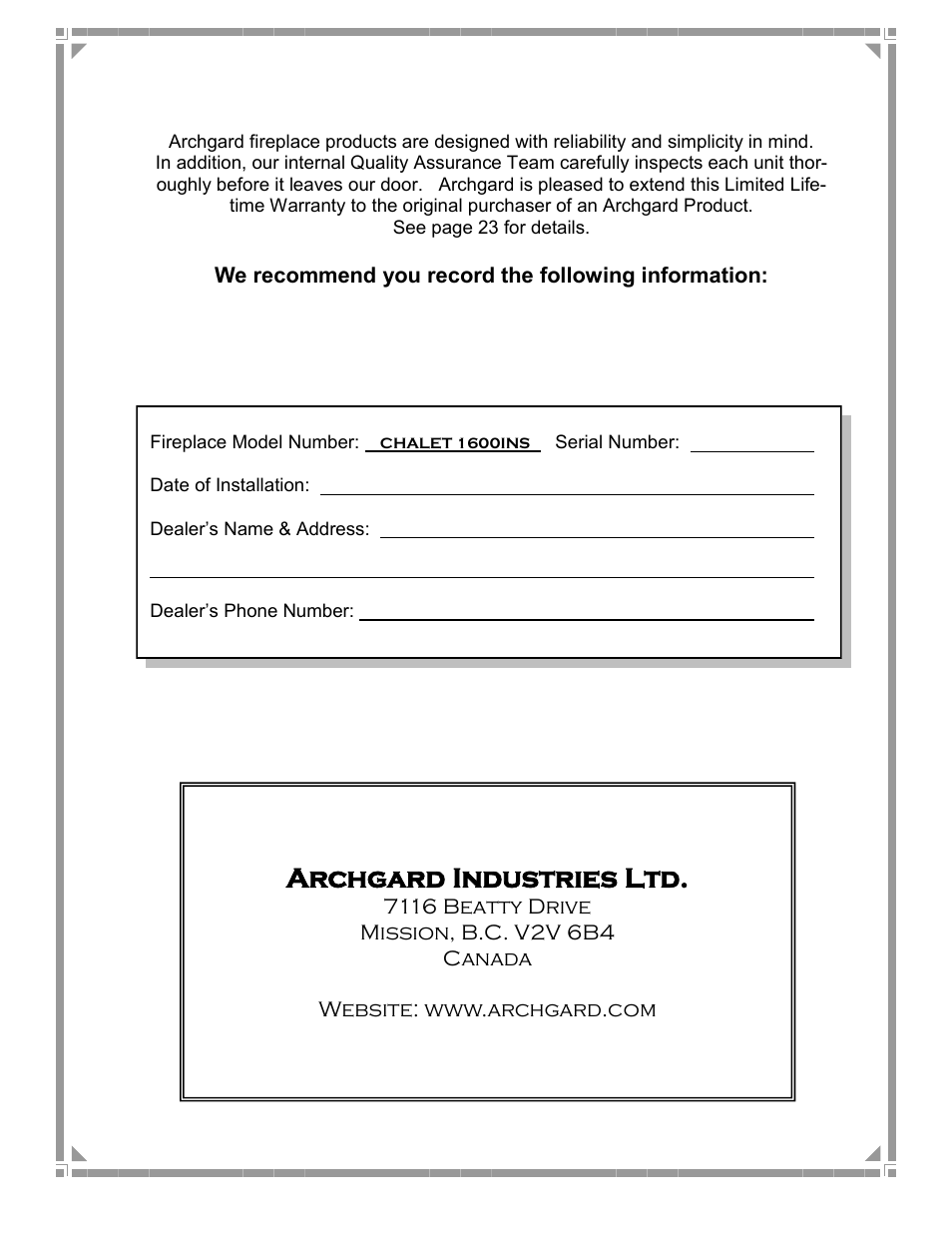 Archgard industries ltd | Archgard 60-1600I User Manual | Page 28 / 28