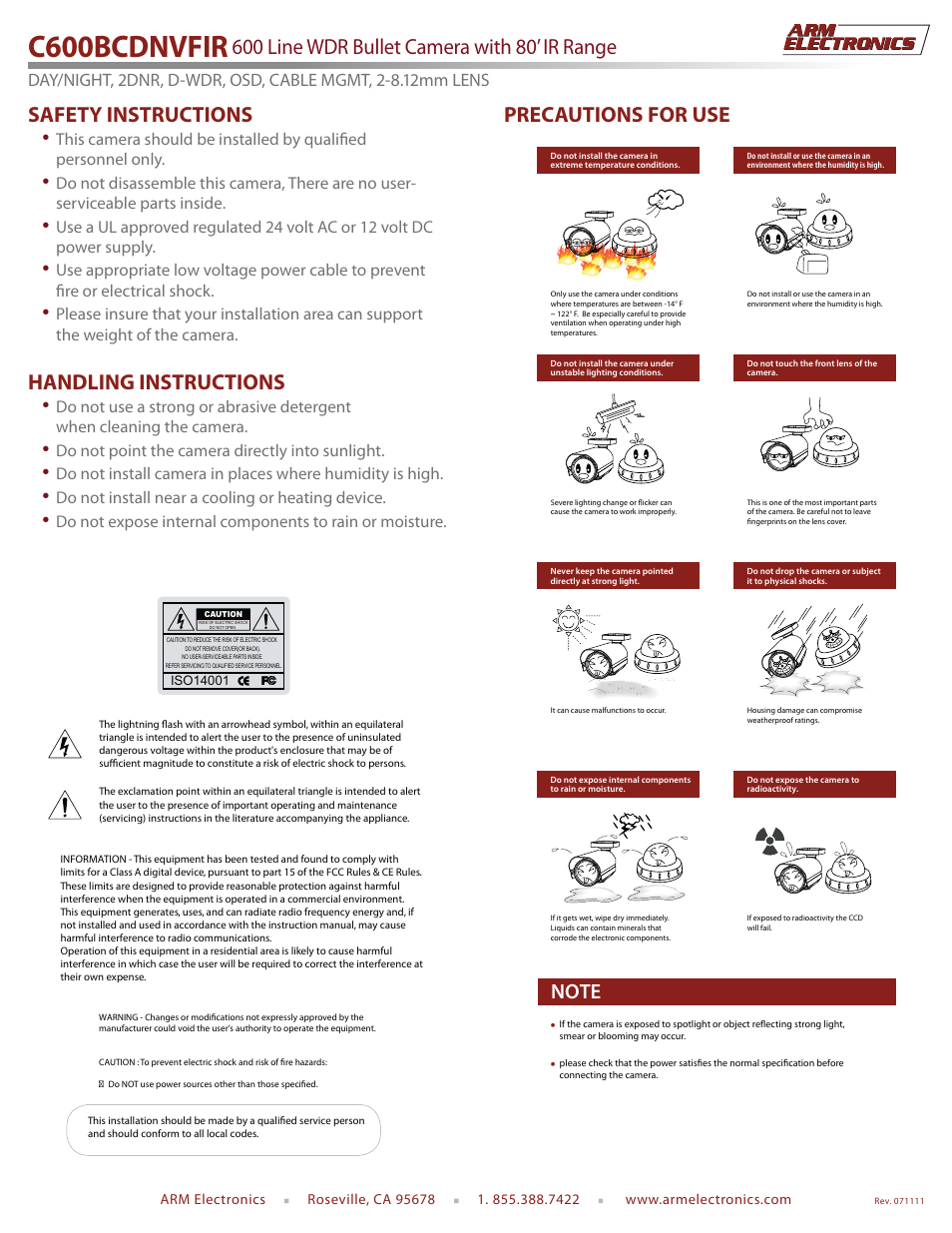 C600bcdnvfir, Safety instructions, Handling instructions | Precautions for use, Do not point the camera directly into sunlight, Do not install near a cooling or heating device | ARM Electronics C600BCDNVFIR User Manual | Page 2 / 2