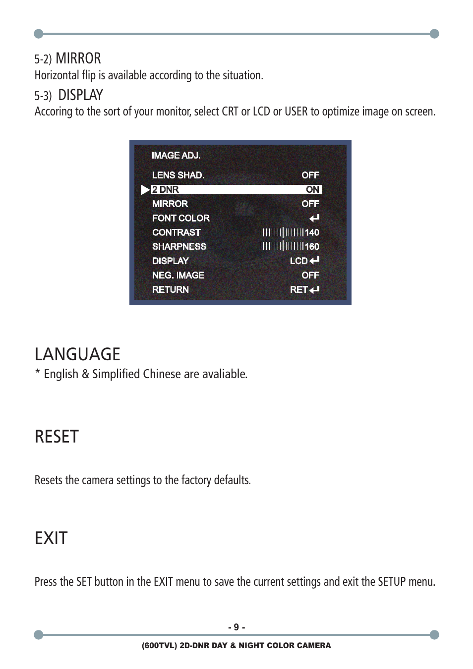 Reset, Language, Exit | Mirror, Display | ARM Electronics C600BCDNVFIR User Manual | Page 11 / 12