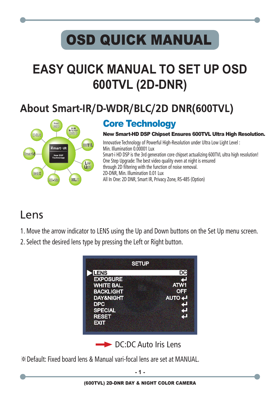 Osd quick manual, Easy quick manual to set up osd 600tvl (2d-dnr), Lens | About smart-ir/d-wdr/blc/2d dnr(600tvl), Core technology, Dc:dc auto iris lens | ARM Electronics C600BCDNVFIR User Manual | Page 3 / 12