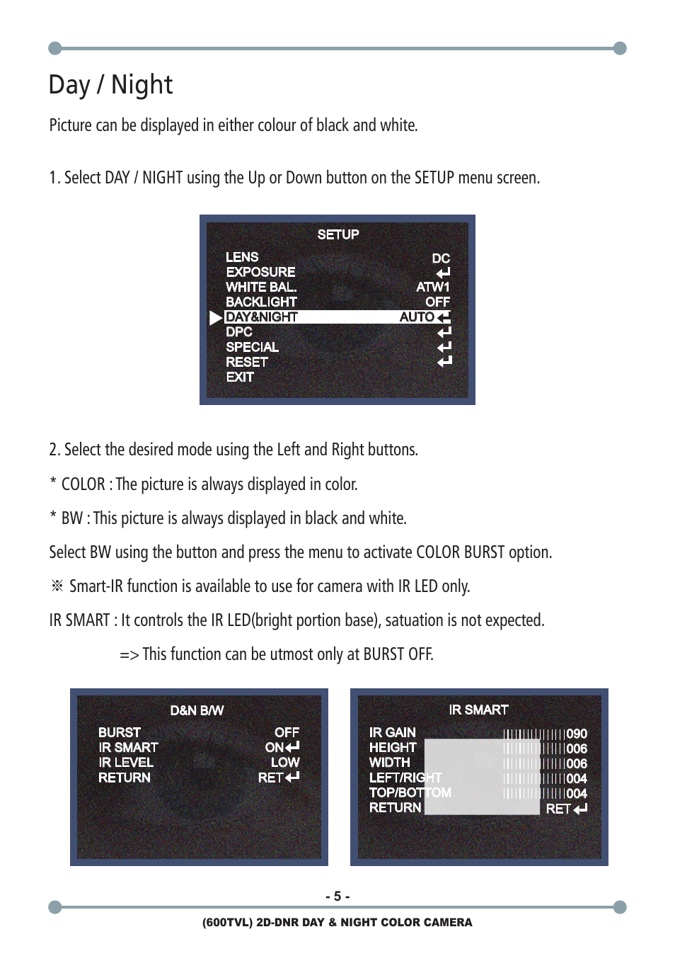 Day / night | ARM Electronics C600BCDNVFIR User Manual | Page 7 / 12