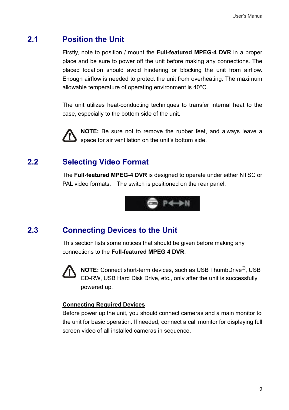 1 position the unit, 2 selecting video format, 3 connecting devices to the unit | ARM Electronics DVRCD120 User Manual | Page 10 / 47