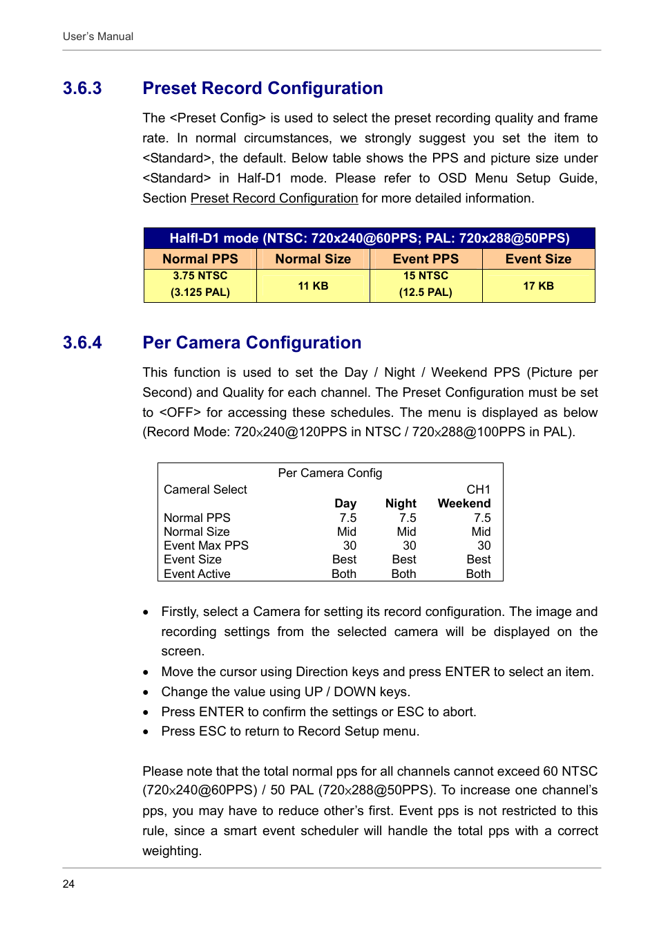 3 preset record configuration, 4 per camera configuration | ARM Electronics DVRCD120 User Manual | Page 25 / 47
