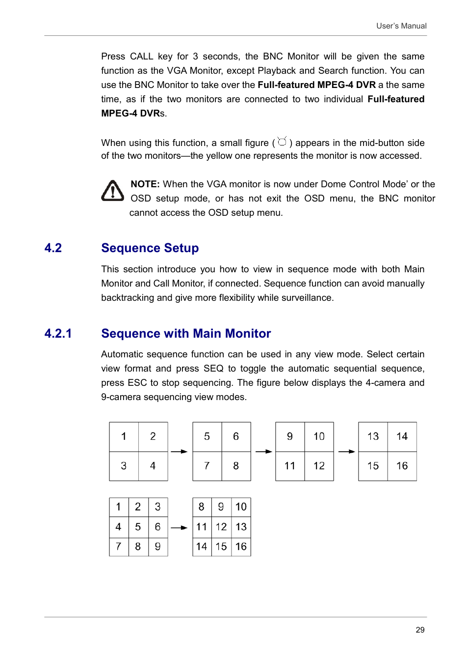 2 sequence setup, 1 sequence with main monitor | ARM Electronics DVRCD120 User Manual | Page 30 / 47