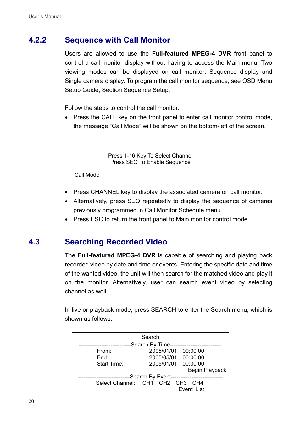 2 sequence with call monitor, 3 searching recorded video | ARM Electronics DVRCD120 User Manual | Page 31 / 47