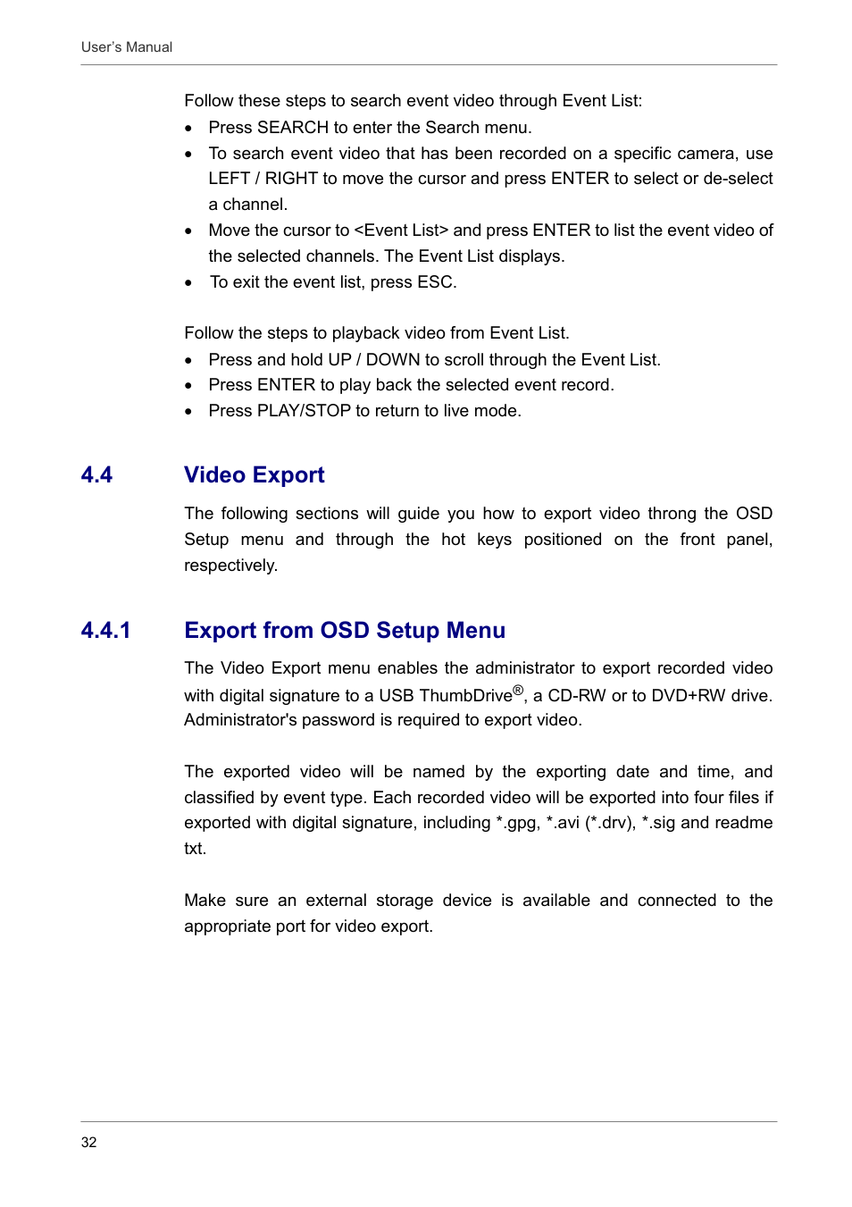 4 video export, 1 export from osd setup menu | ARM Electronics DVRCD120 User Manual | Page 33 / 47