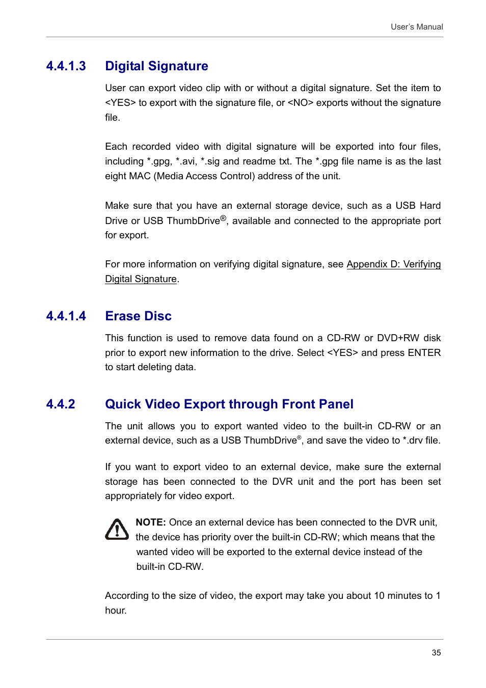 3 digital signature, 4 erase disc, 2 quick video export through front panel | ARM Electronics DVRCD120 User Manual | Page 36 / 47