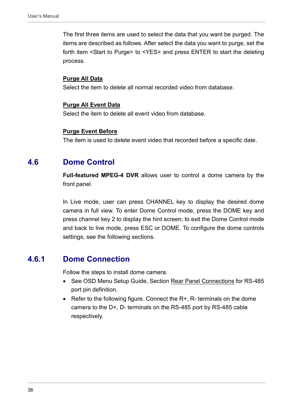 6 dome control, 1 dome connection | ARM Electronics DVRCD120 User Manual | Page 39 / 47