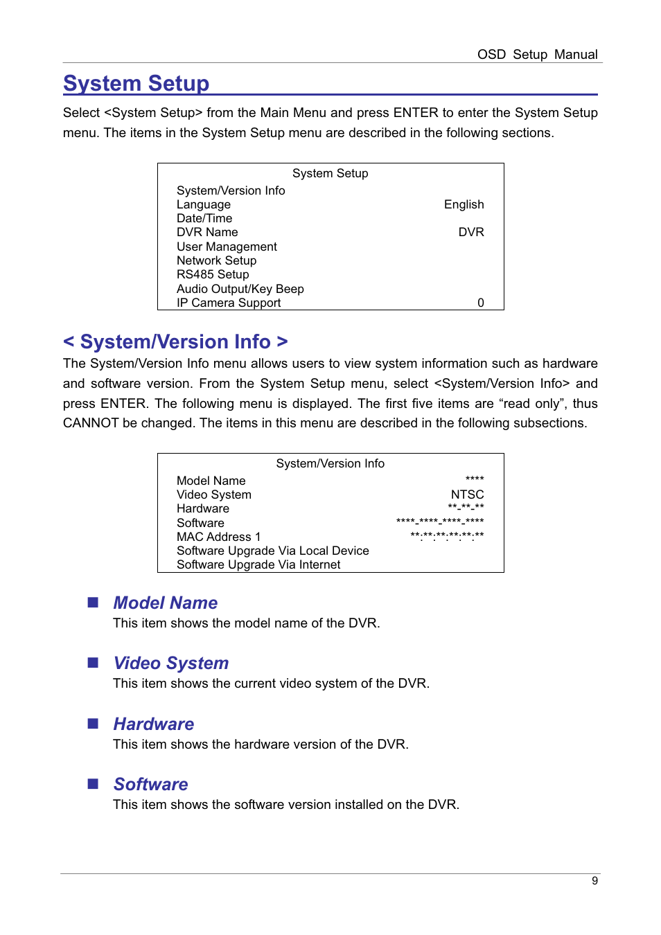 System/version info, Model name, Video system | Hardware, Software | ARM Electronics DVRHD OSD User Manual | Page 10 / 67