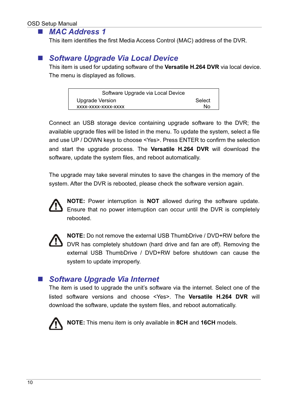 Mac address 1, Software upgrade via local device, Software upgrade via internet | ARM Electronics DVRHD OSD User Manual | Page 11 / 67