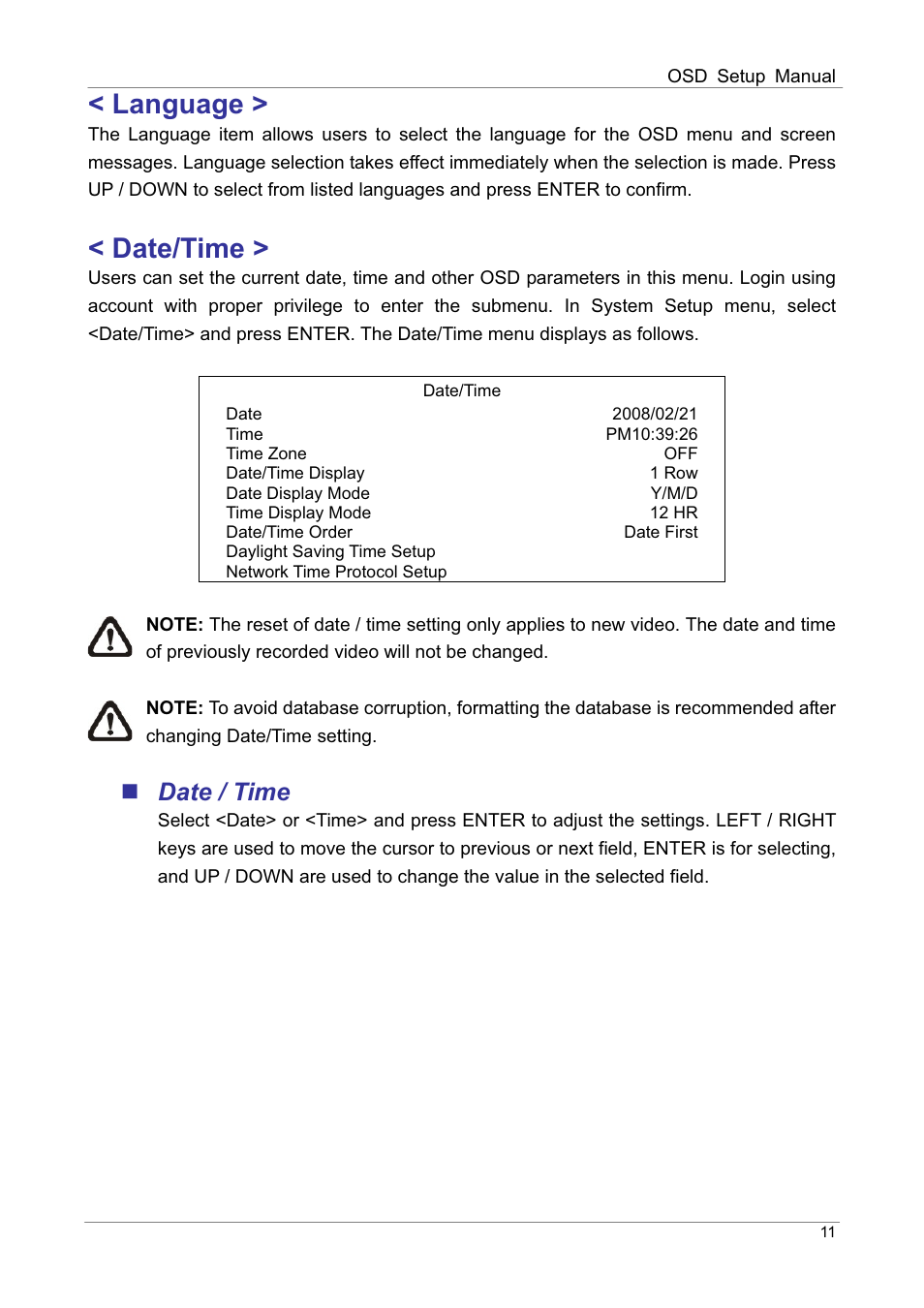 Language, Date/time, Date / time | ARM Electronics DVRHD OSD User Manual | Page 12 / 67