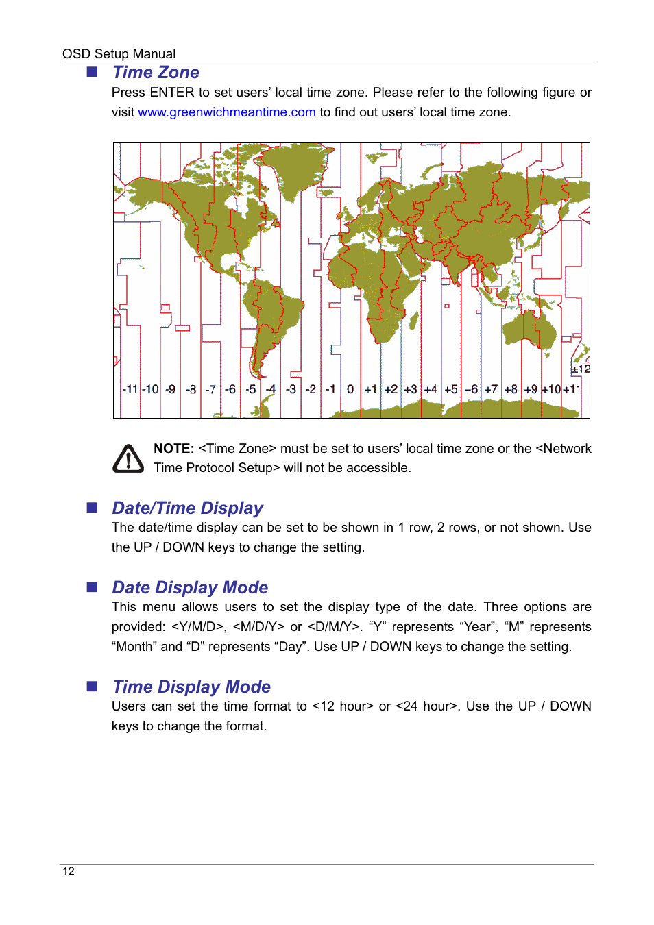 Time zone, Date/time display, Date display mode | Time display mode | ARM Electronics DVRHD OSD User Manual | Page 13 / 67