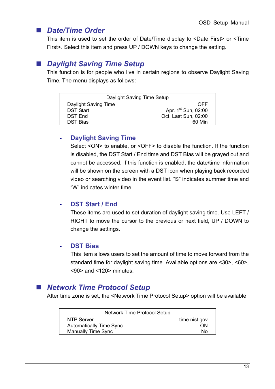 Date/time order, Daylight saving time setup, Network time protocol setup | ARM Electronics DVRHD OSD User Manual | Page 14 / 67