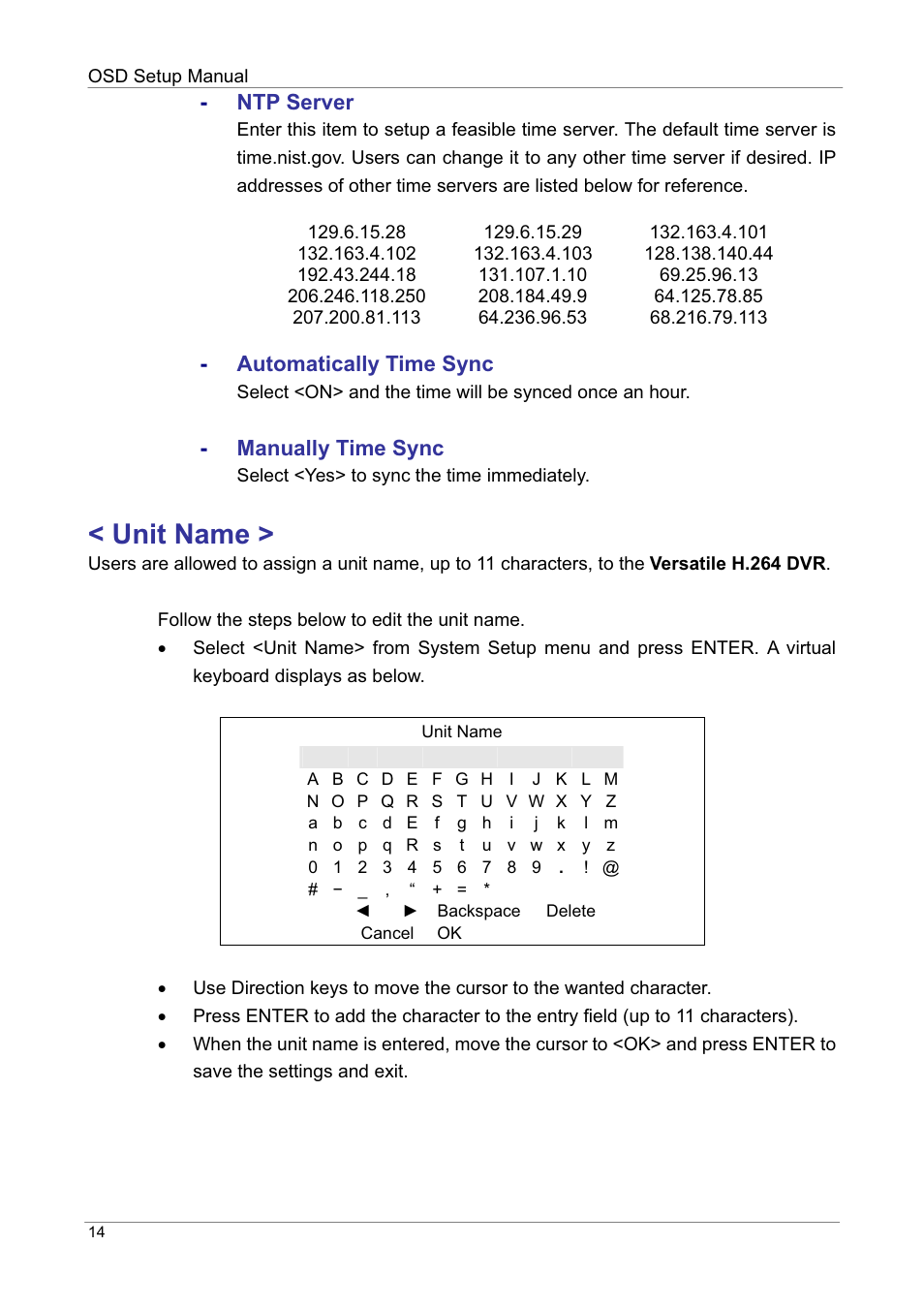 Unit name, Ntp server, Automatically time sync | Manually time sync | ARM Electronics DVRHD OSD User Manual | Page 15 / 67