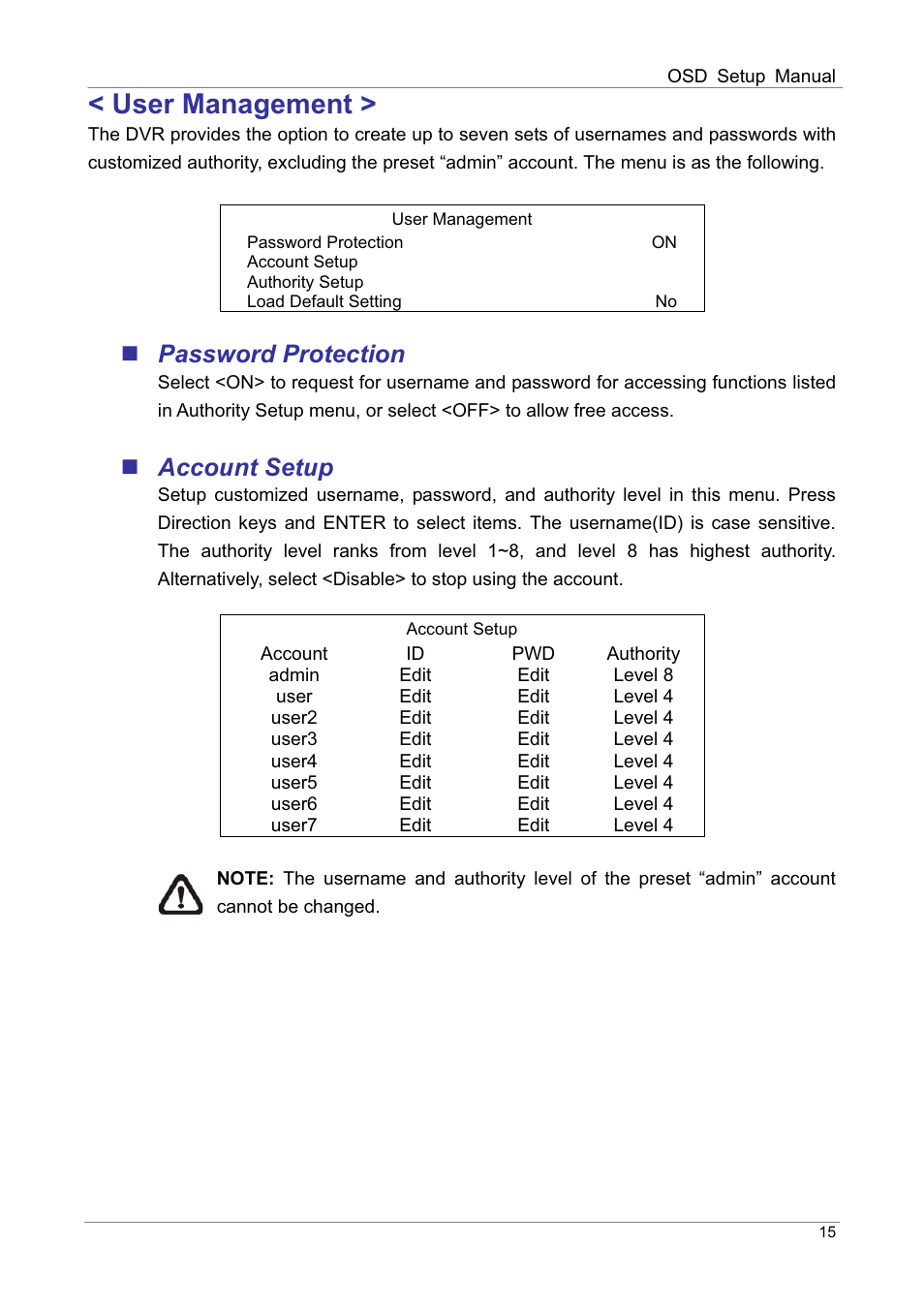 User management, Password protection, Account setup | ARM Electronics DVRHD OSD User Manual | Page 16 / 67
