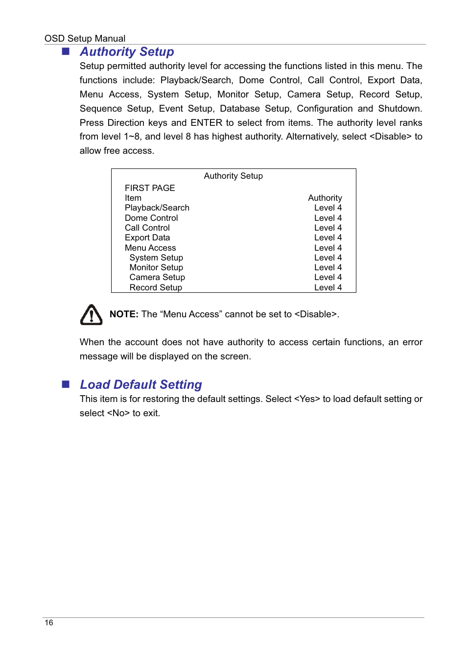 Authority setup, Load default setting | ARM Electronics DVRHD OSD User Manual | Page 17 / 67