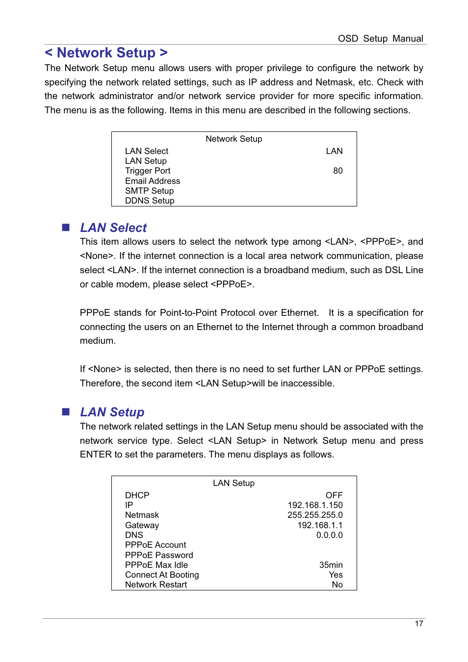 Network setup, Lan select, Lan setup | ARM Electronics DVRHD OSD User Manual | Page 18 / 67