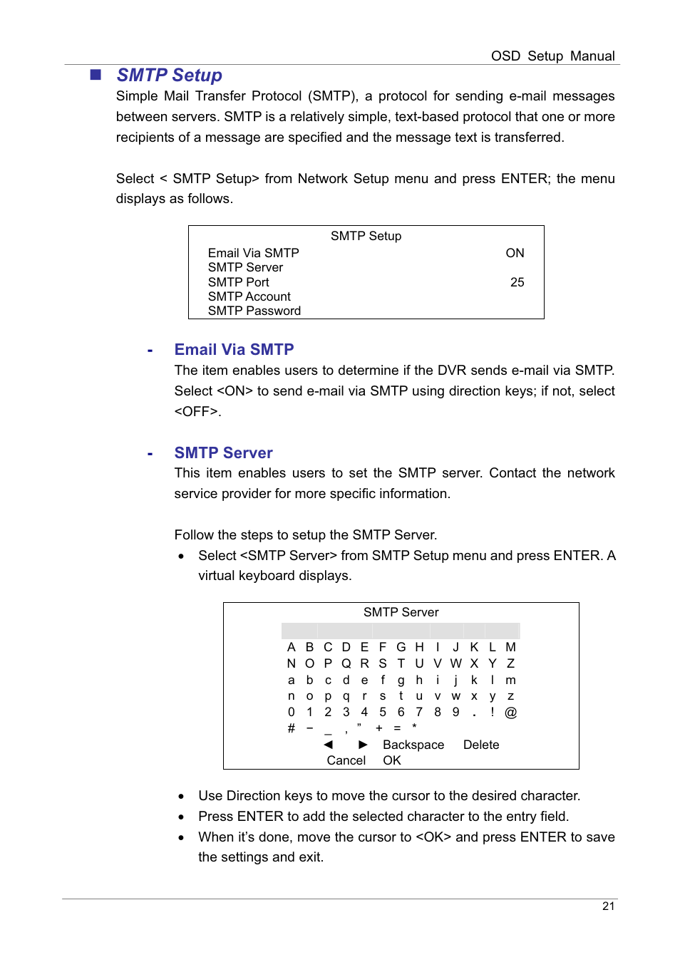 Smtp setup, Email via smtp, Smtp server | ARM Electronics DVRHD OSD User Manual | Page 22 / 67