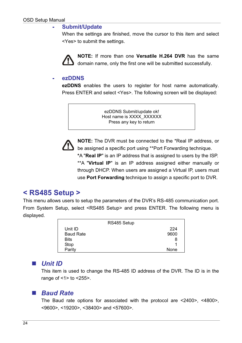 Rs485 setup, Unit id, Baud rate | ARM Electronics DVRHD OSD User Manual | Page 25 / 67