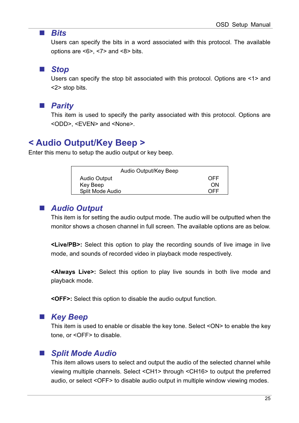 Audio output/key beep, Bits, Stop | Parity, Audio output, Key beep, Split mode audio | ARM Electronics DVRHD OSD User Manual | Page 26 / 67