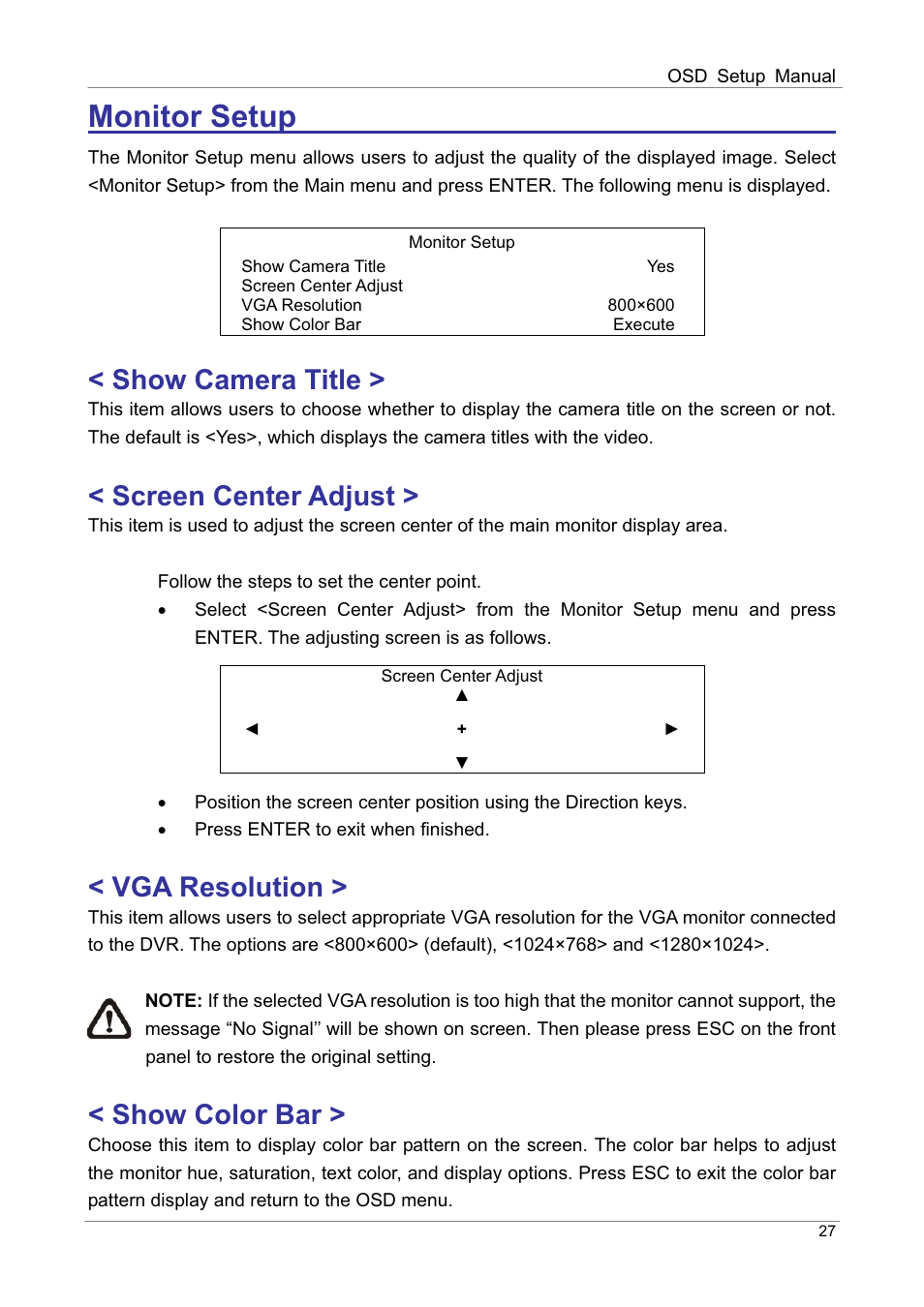 Monitor setup ʳ ʳ ʳ, Show camera title, Screen center adjust | Vga resolution, Show color bar | ARM Electronics DVRHD OSD User Manual | Page 28 / 67