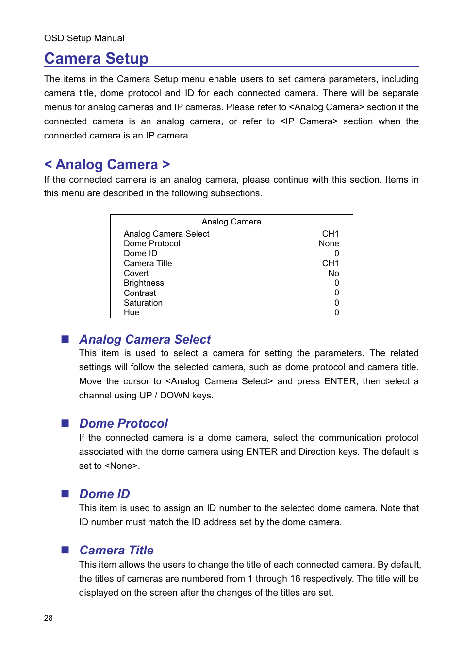 Analog camera, Analog camera select, Dome protocol | Dome id, Camera title | ARM Electronics DVRHD OSD User Manual | Page 29 / 67