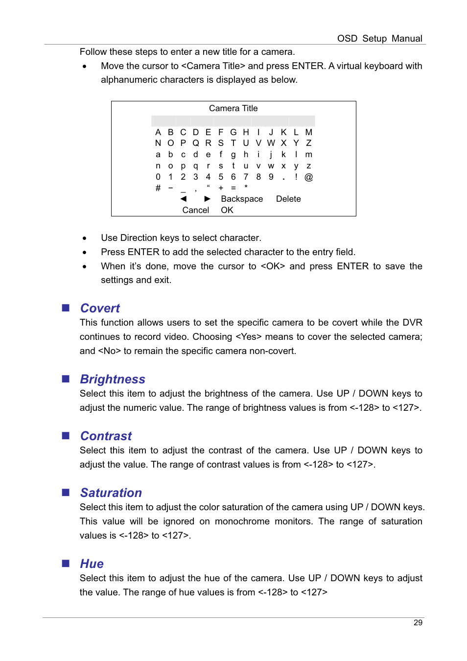 Covert, Brightness, Contrast | Saturation | ARM Electronics DVRHD OSD User Manual | Page 30 / 67