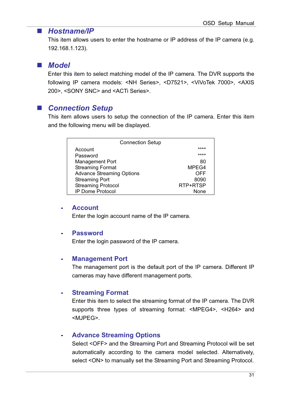 Hostname/ip, Model, Connection setup | ARM Electronics DVRHD OSD User Manual | Page 32 / 67