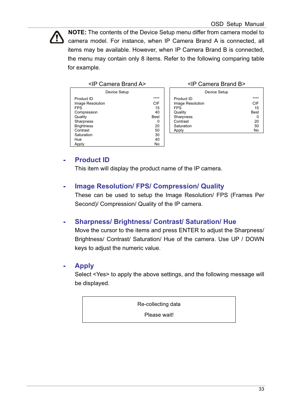 Product id, Image resolution/ fps/ compression/ quality, Sharpness/ brightness/ contrast/ saturation/ hue | Apply | ARM Electronics DVRHD OSD User Manual | Page 34 / 67
