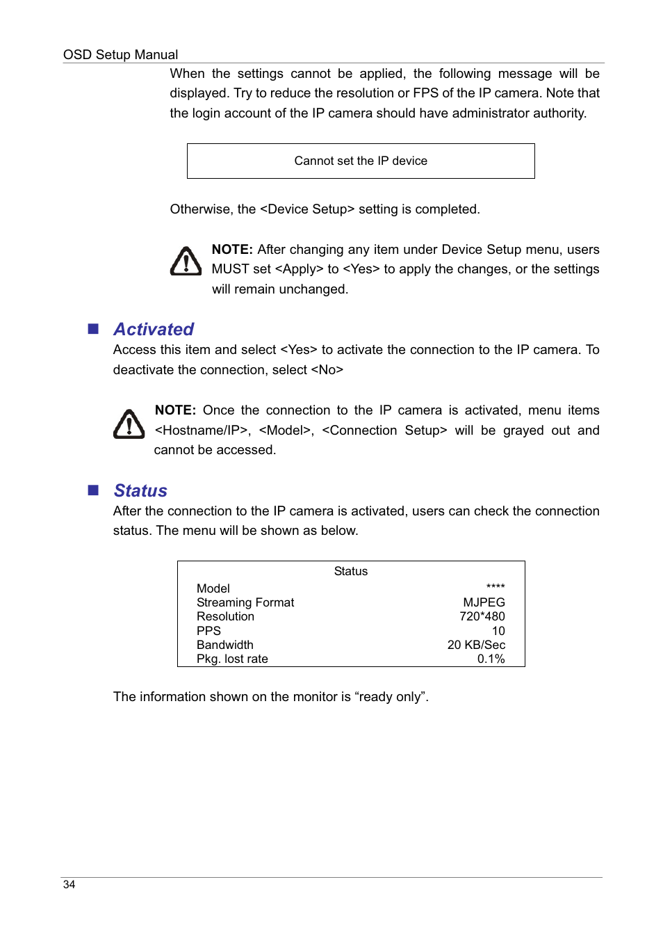 Activated, Status | ARM Electronics DVRHD OSD User Manual | Page 35 / 67