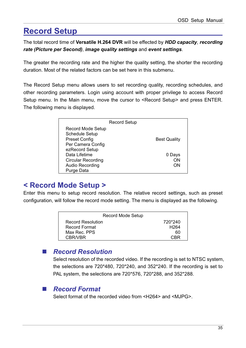 Record setup ʳ ʳ ʳ, Record mode setup, Record resolution | Record format | ARM Electronics DVRHD OSD User Manual | Page 36 / 67