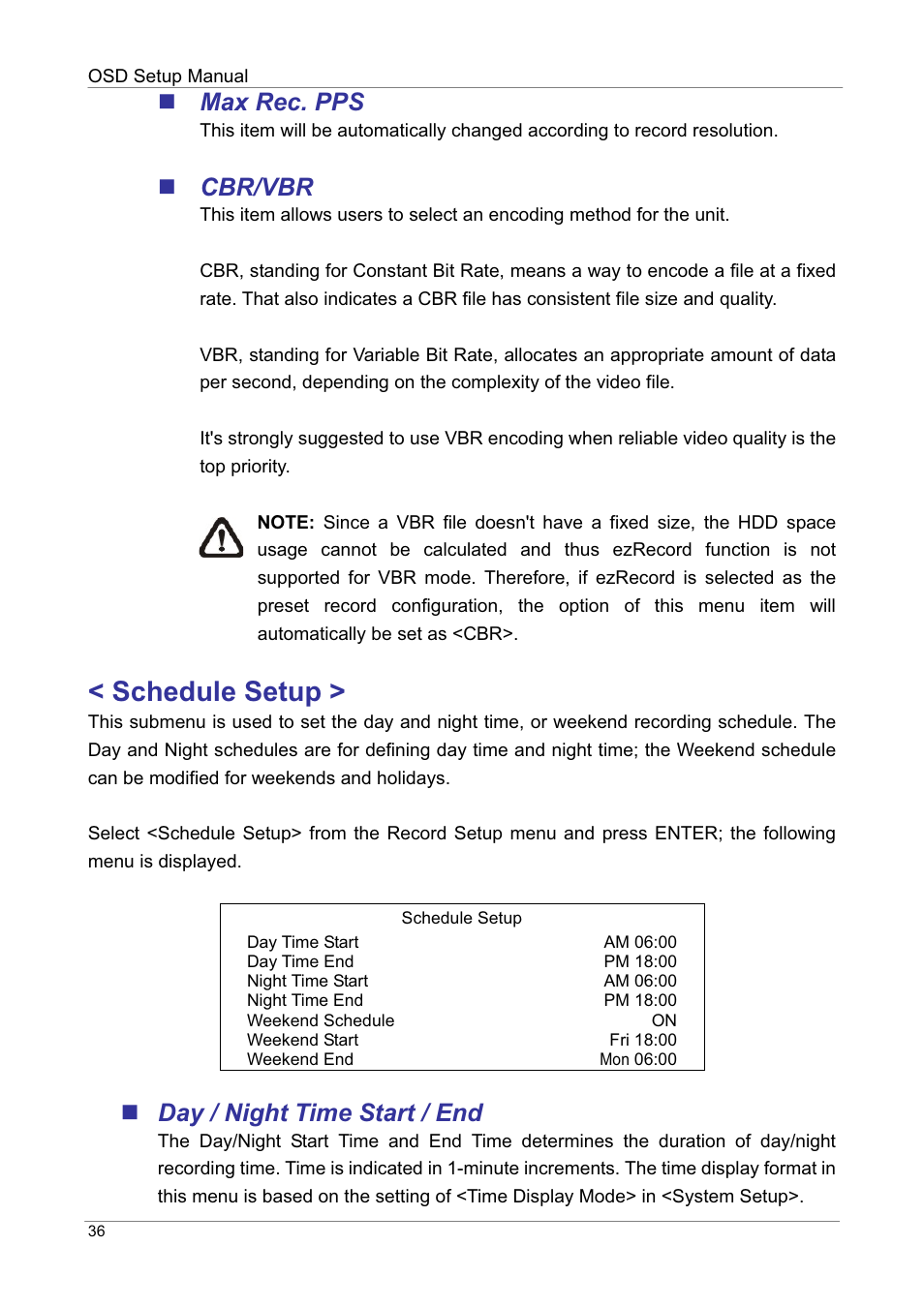 Schedule setup, Max rec. pps, Cbr/vbr | Day / night, Time start / end | ARM Electronics DVRHD OSD User Manual | Page 37 / 67