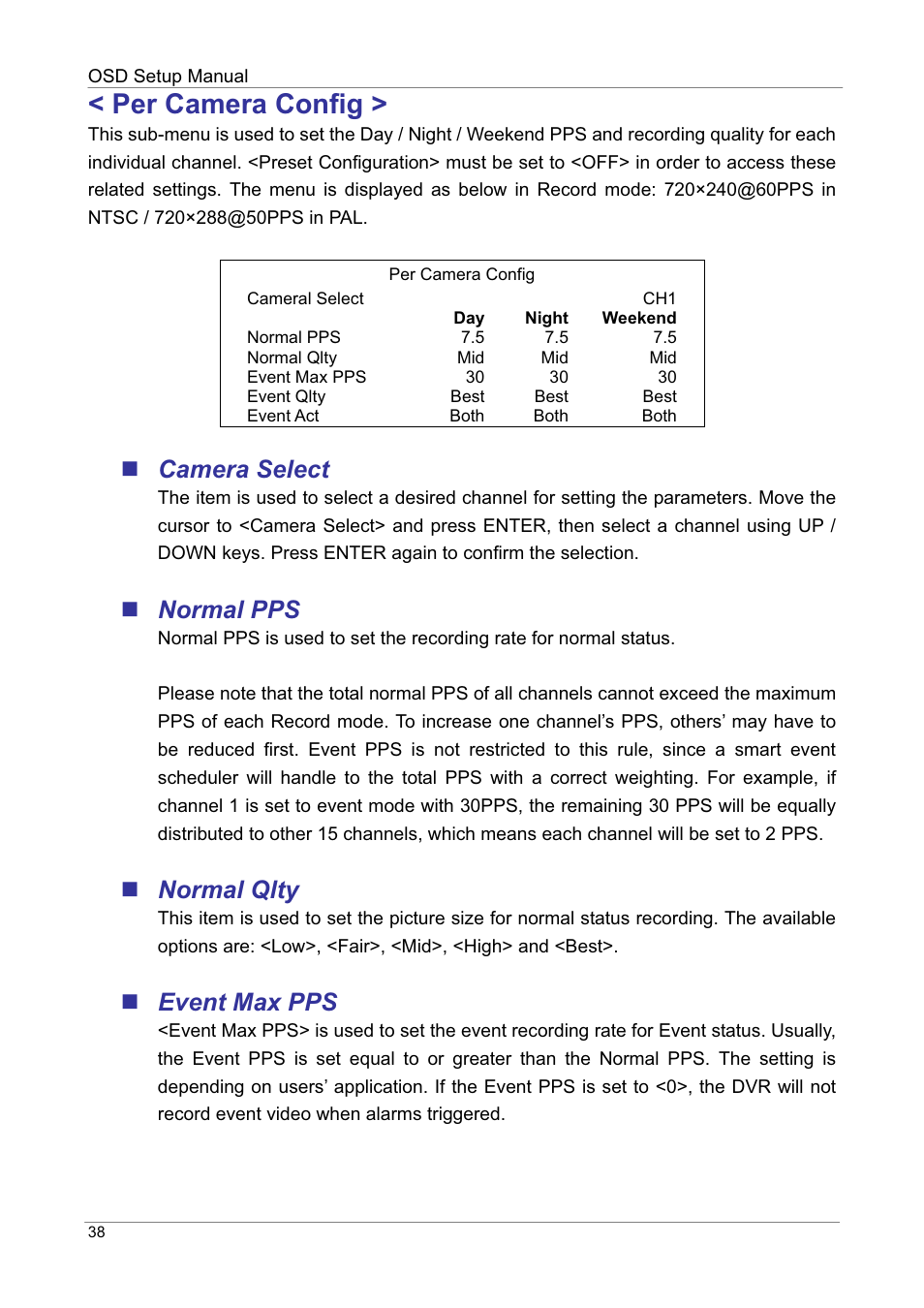 Per camera config, Camera select, Normal pps | Normal qlty, Event max pps | ARM Electronics DVRHD OSD User Manual | Page 39 / 67