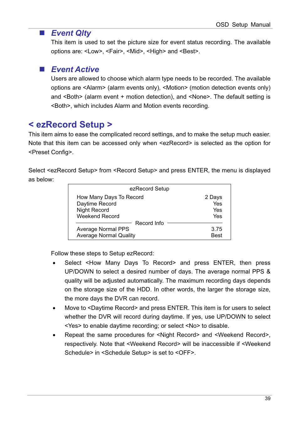 Ezrecord setup, Event qlty, Event active | ARM Electronics DVRHD OSD User Manual | Page 40 / 67