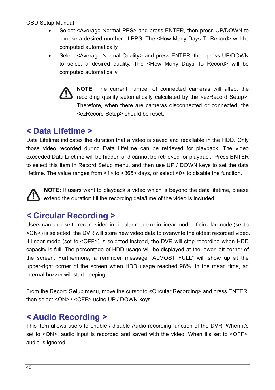 Data lifetime, Circular recording, Audio recording | ARM Electronics DVRHD OSD User Manual | Page 41 / 67