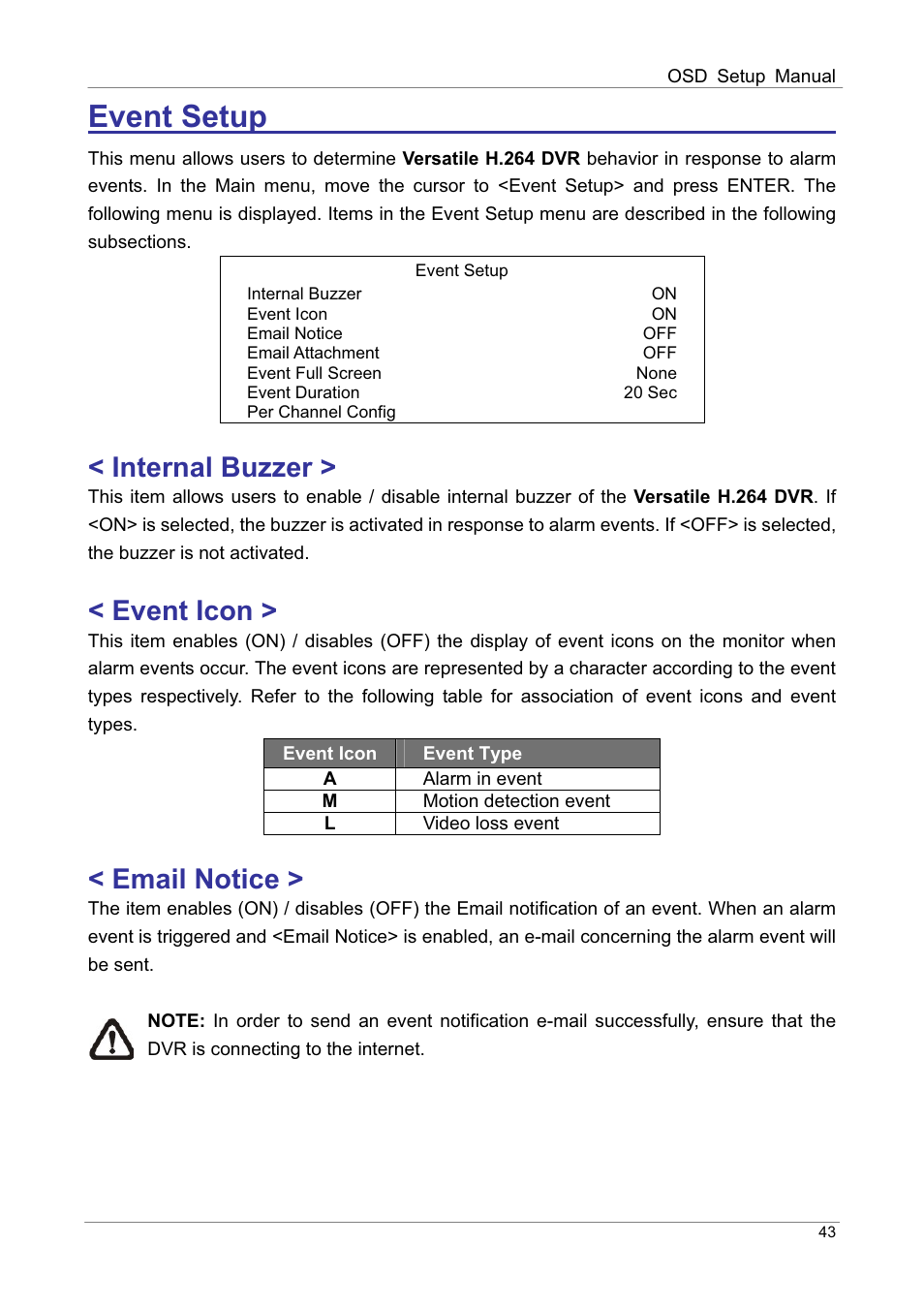 Event setup ʳ ʳ ʳ, Internal buzzer, Event icon | Email notice | ARM Electronics DVRHD OSD User Manual | Page 44 / 67
