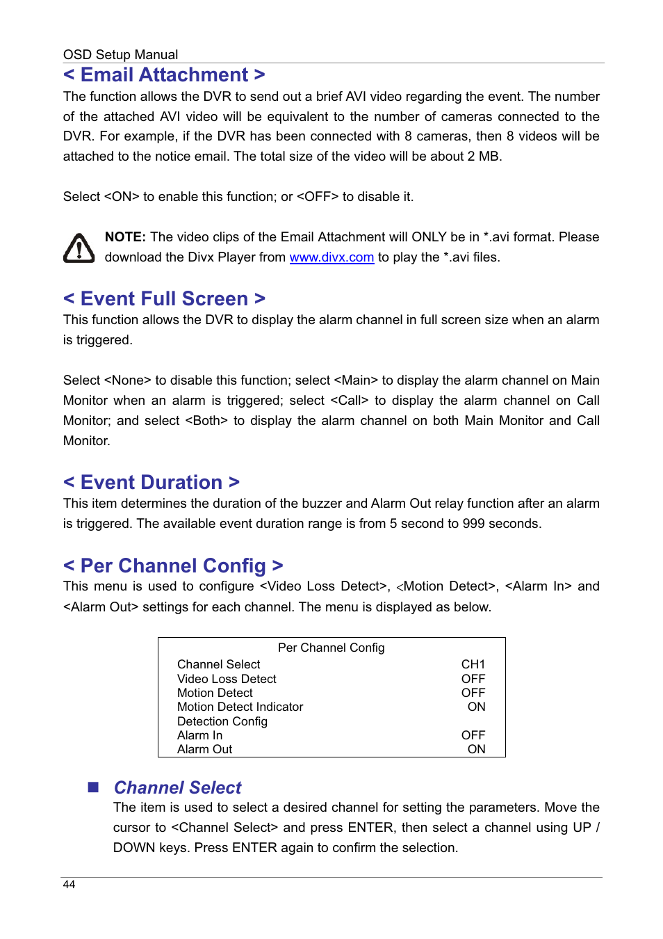 Email attachment, Event full screen, Event duration | Per channel config, Channel select | ARM Electronics DVRHD OSD User Manual | Page 45 / 67