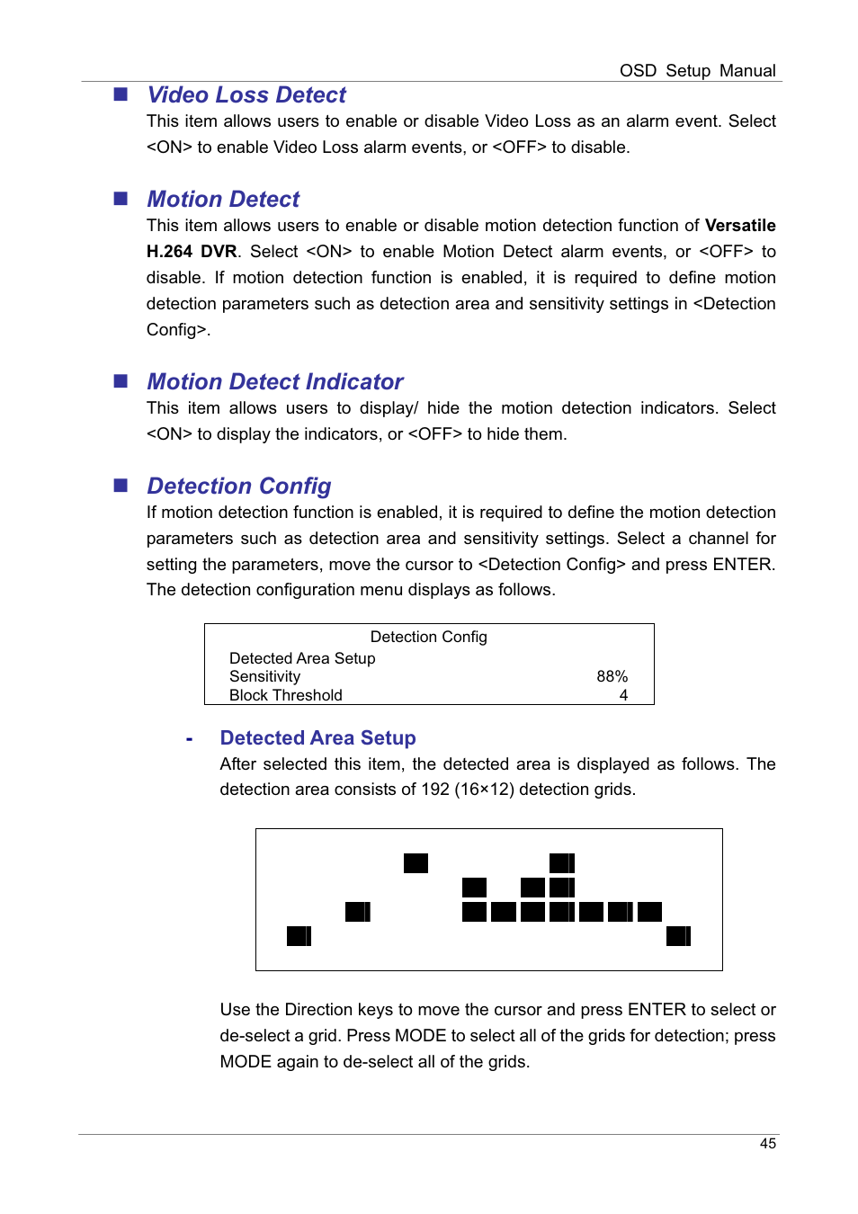 Video loss detect, Motion detect, Motion detect indicator | Detection config | ARM Electronics DVRHD OSD User Manual | Page 46 / 67