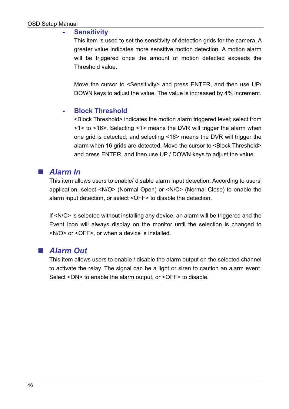 Alarm in, Alarm out | ARM Electronics DVRHD OSD User Manual | Page 47 / 67