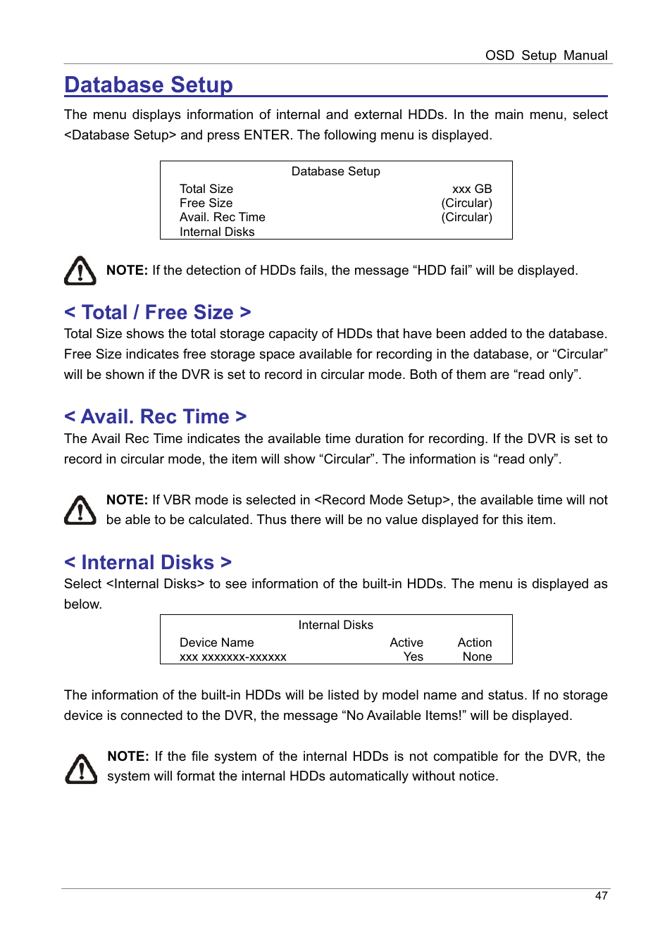 Database setup ʳ ʳ ʳ, Total / free size, Avail. rec time | Internal disks | ARM Electronics DVRHD OSD User Manual | Page 48 / 67