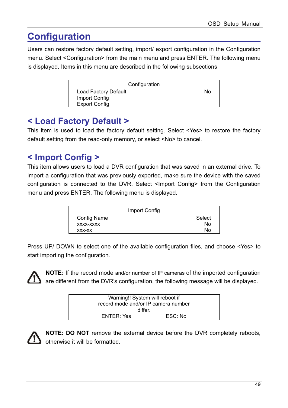 Load factory default, Import config | ARM Electronics DVRHD OSD User Manual | Page 50 / 67