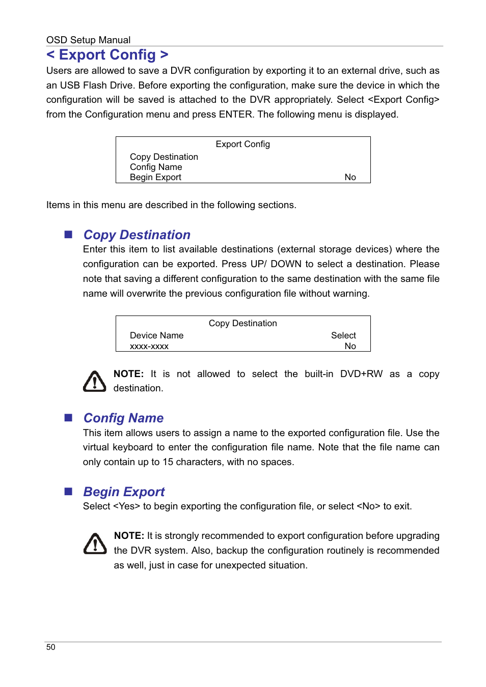 Export config, Copy destination, Config name | Begin export | ARM Electronics DVRHD OSD User Manual | Page 51 / 67