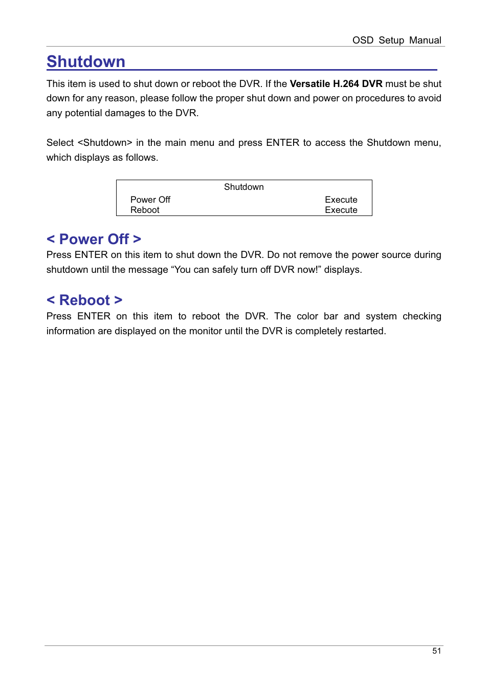 Shutdown, Power off, Reboot | ARM Electronics DVRHD OSD User Manual | Page 52 / 67