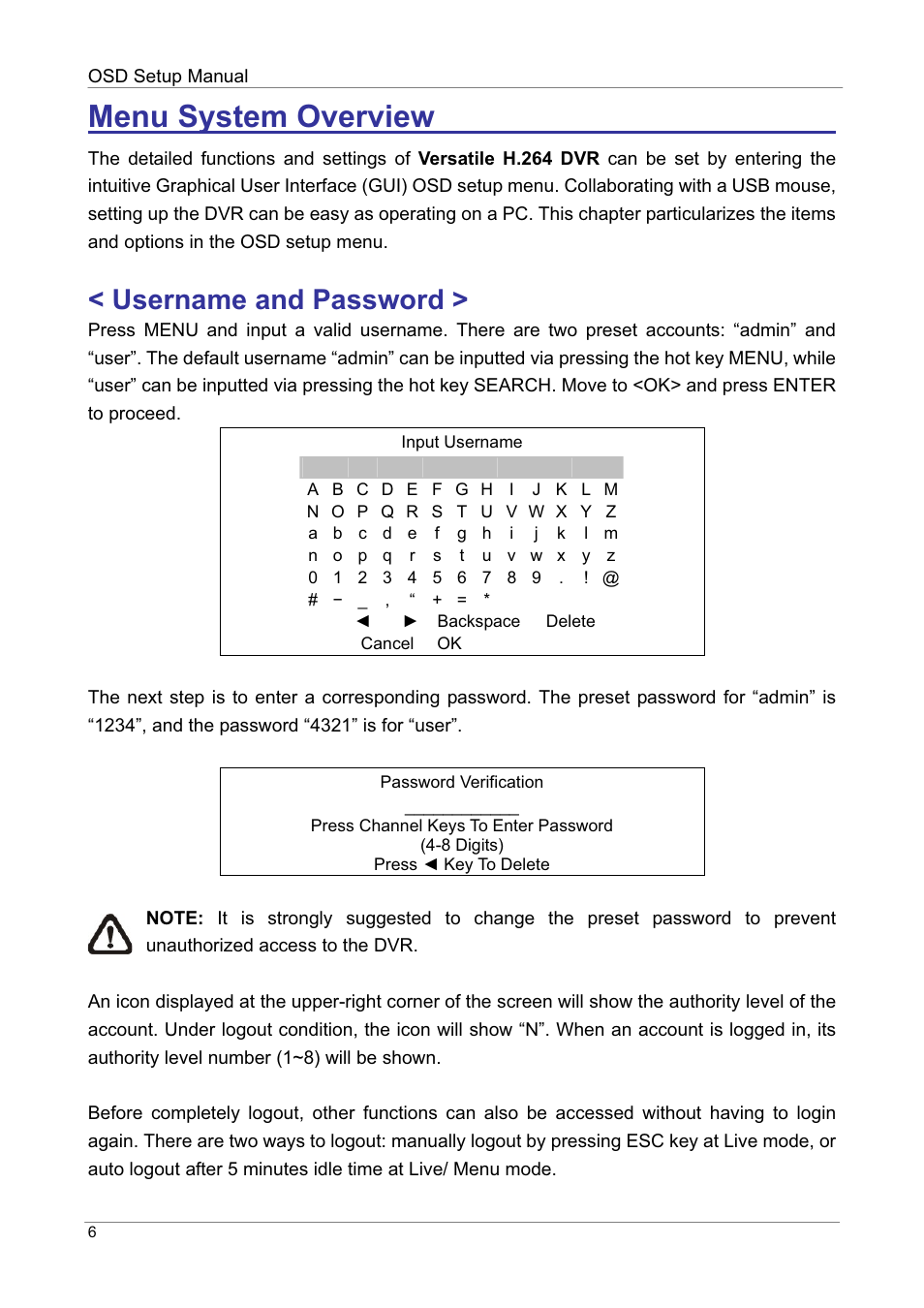 Menu system overview ʳ ʳ ʳ, Username and password | ARM Electronics DVRHD OSD User Manual | Page 7 / 67