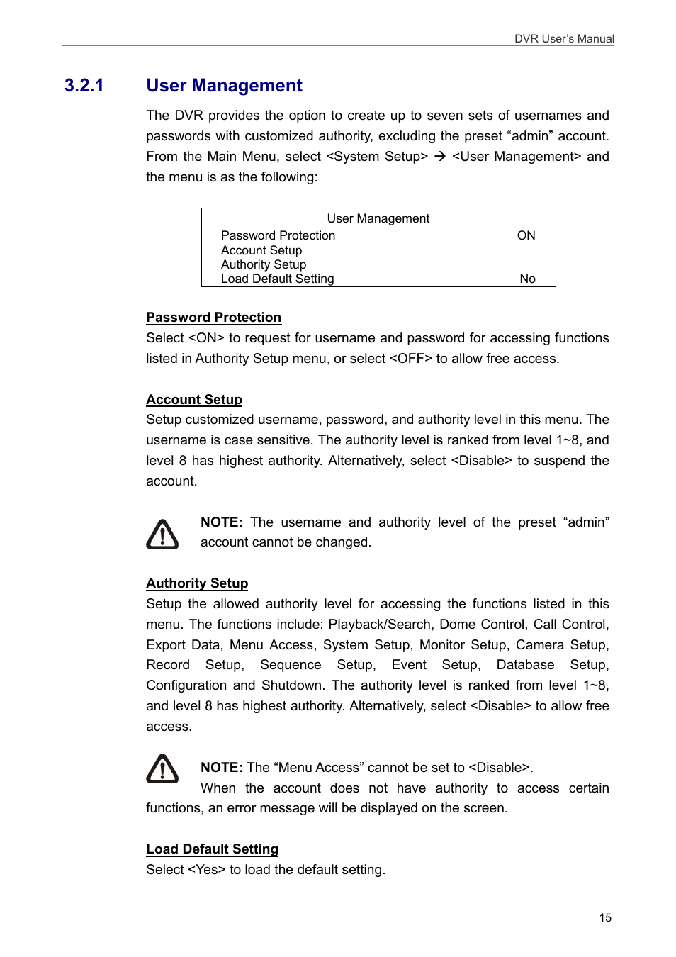 1 user management | ARM Electronics DVRHD User Manual | Page 16 / 78