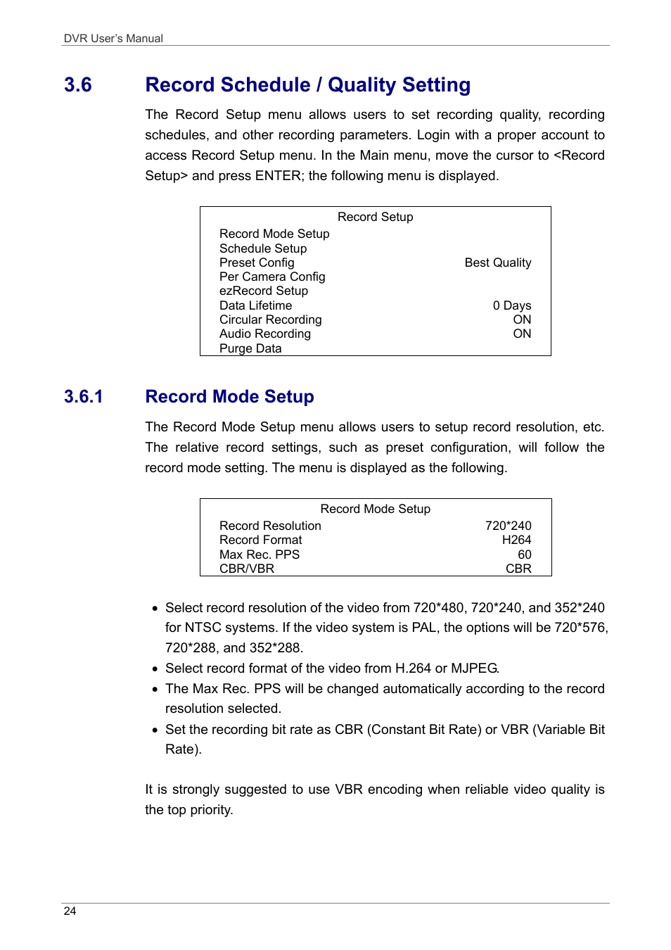 6 record schedule / quality setting, 1 record mode setup | ARM Electronics DVRHD User Manual | Page 25 / 78