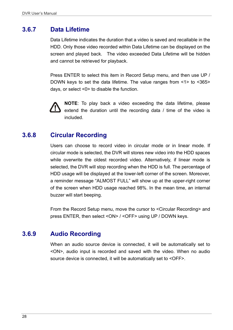 7 data lifetime, 8 circular recording, 9 audio recording | ARM Electronics DVRHD User Manual | Page 29 / 78