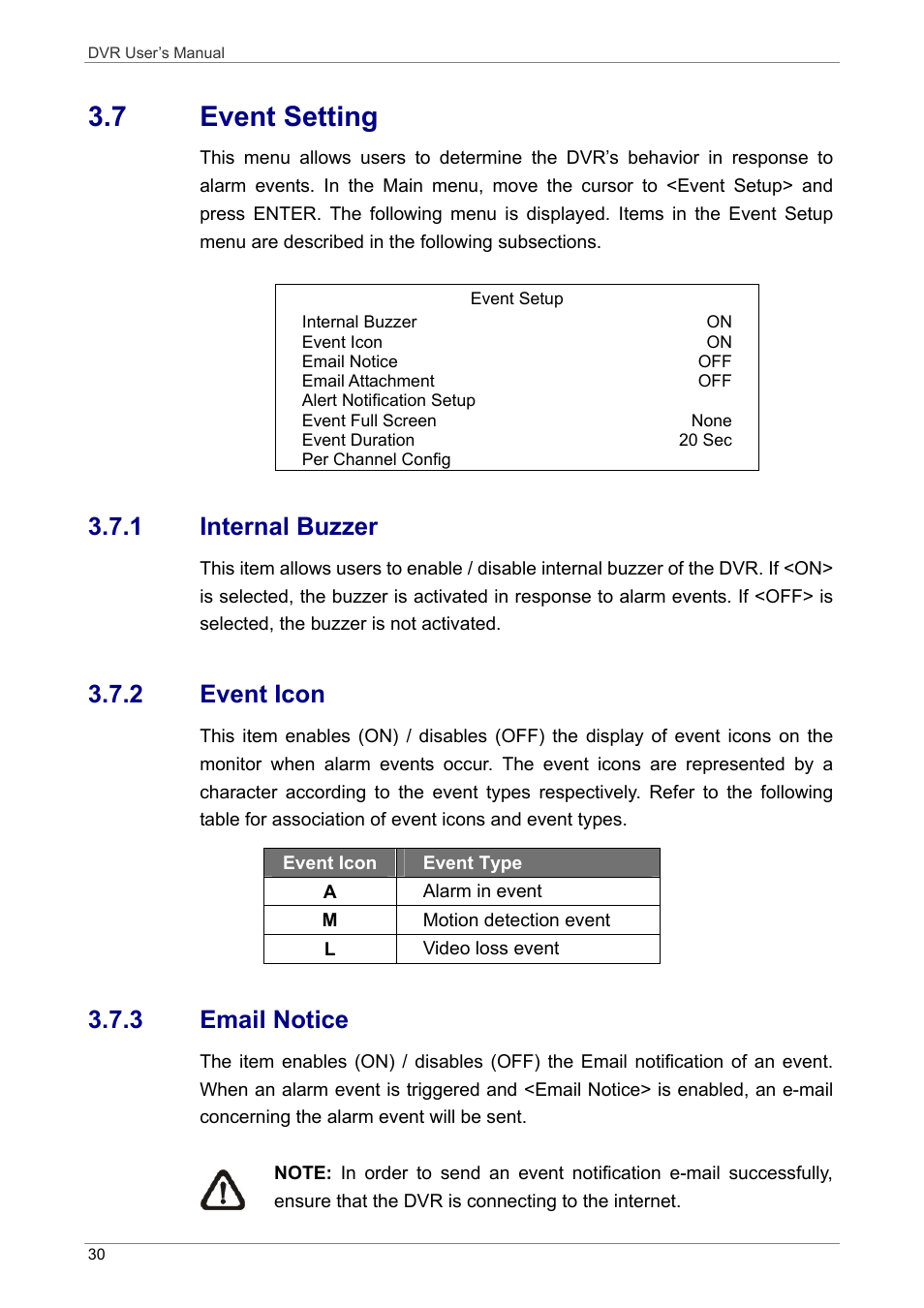 7 event setting, 1 internal buzzer, 2 event icon | 3 email notice | ARM Electronics DVRHD User Manual | Page 31 / 78