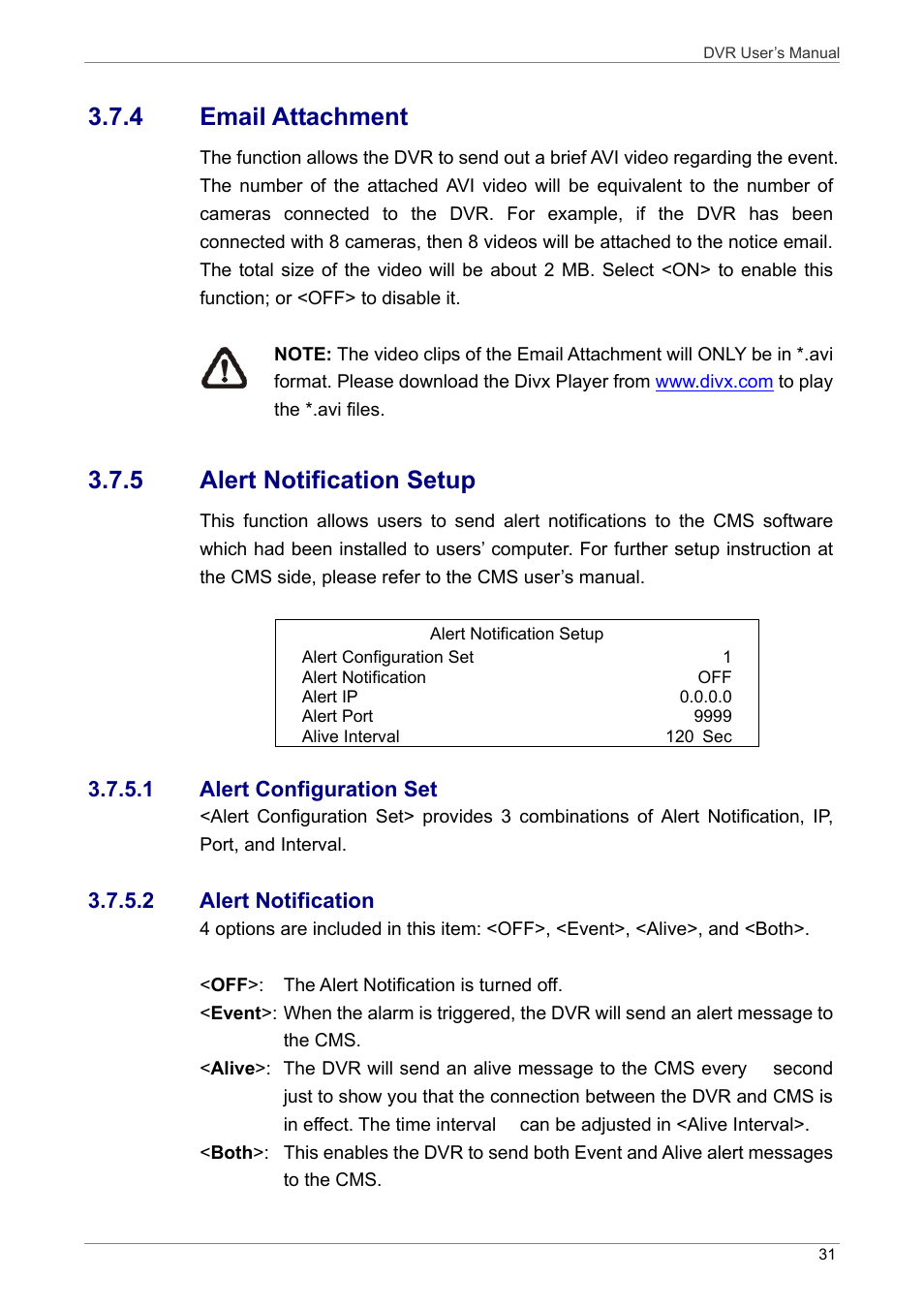 4 email attachment, 5 alert notification setup | ARM Electronics DVRHD User Manual | Page 32 / 78