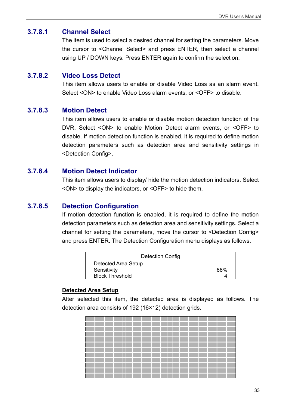 1 channel select, 2 video loss detect, 3 motion detect | 4 motion detect indicator, 5 detection configuration | ARM Electronics DVRHD User Manual | Page 34 / 78